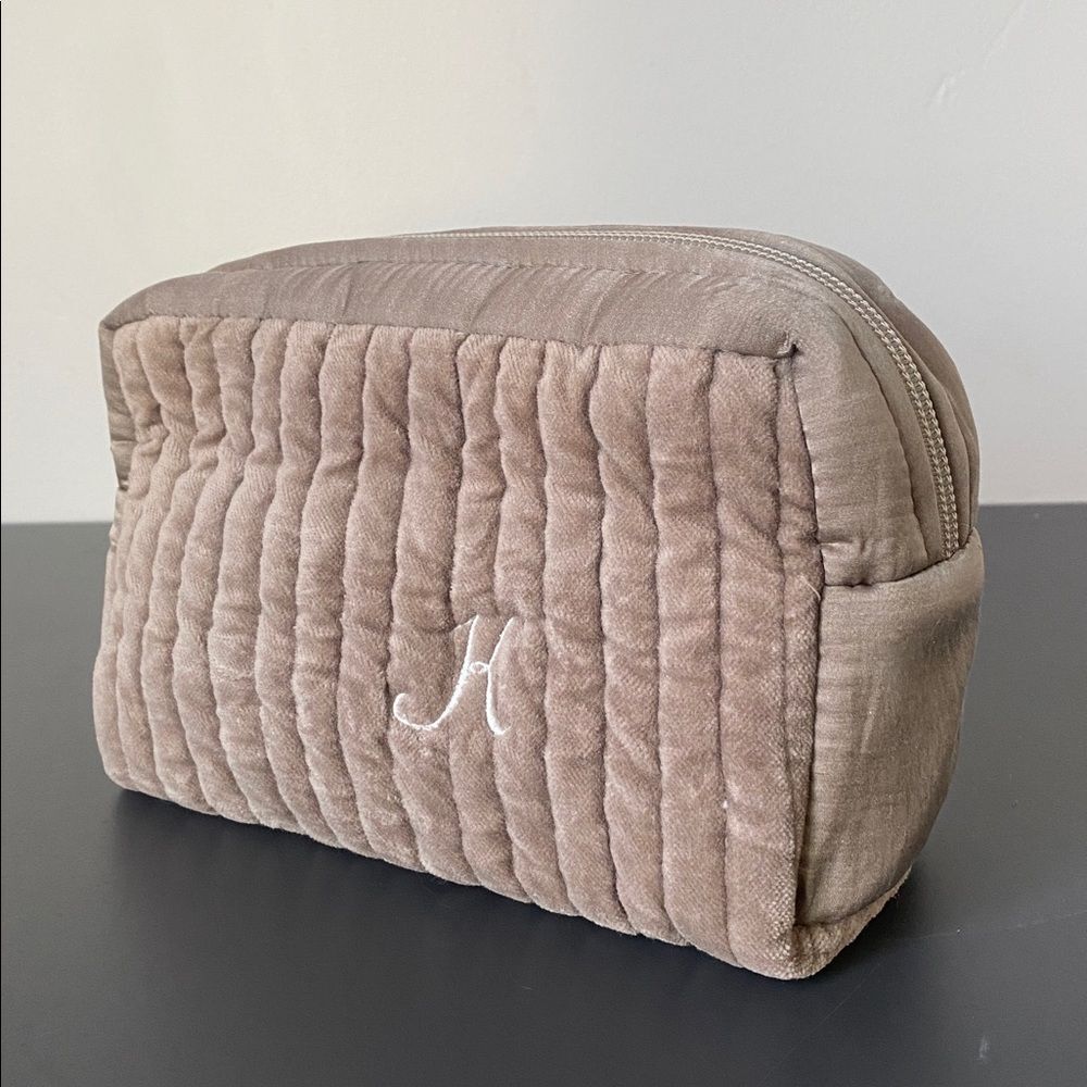 Pottery Barn Quilted Cosmetic Bag in Taupe Soft Velvet Touch Travel Vacation "K"